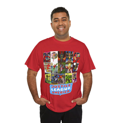 JLA Postcard T-Shirt - George Perez Art - Zatanna, Green Lantern, Flash, Batman, Hawkman, Wonder Woman, Firestorm - Justice League of America - DC Comics