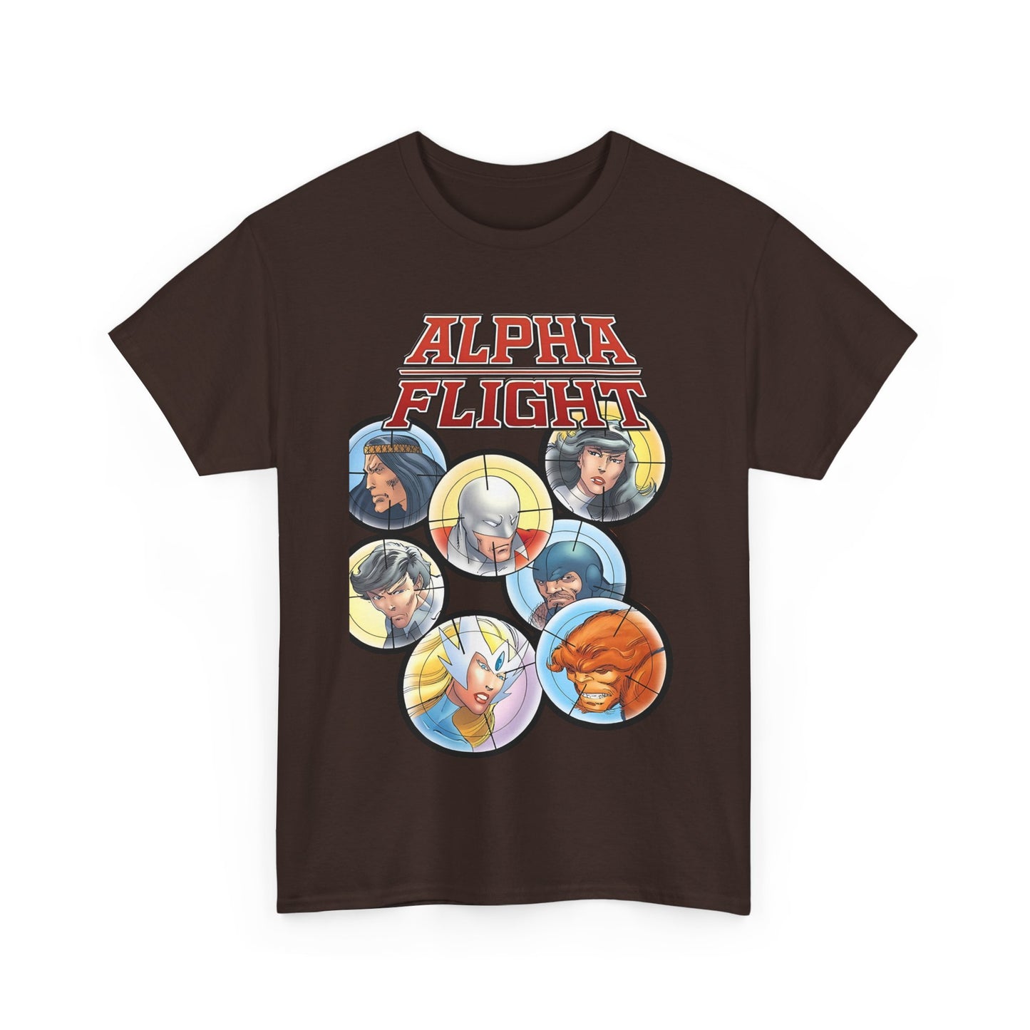 Alpha Flight T-Shirt - John Byrne Art - Guardian, Aurora, Northstar, Sasquatch, Shaman, Puck, Snowbird - Canada's Super Heroes - Marvel Comics