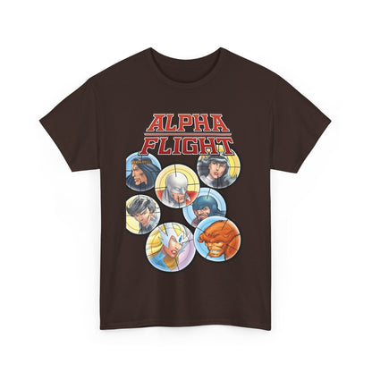 Alpha Flight T-Shirt - John Byrne Art - Guardian, Aurora, Northstar, Sasquatch, Shaman, Puck, Snowbird - Canada's Super Heroes - Marvel Comics