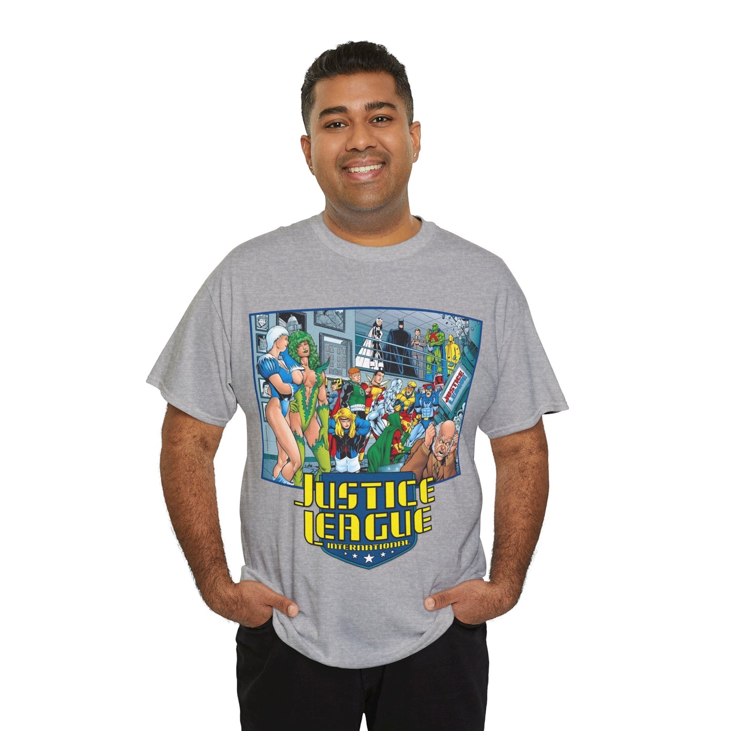 Justice League International T-Shirt - Kevin Maguire Art - Blue Beetle, Booster Gold, Martian Manhunter, Captain Atom, Batman, Fire, Ice - DC Comics - JLI