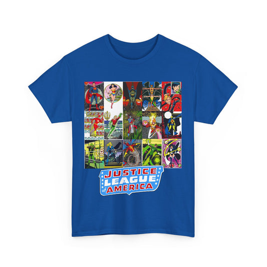 JLA Postcard T-Shirt - George Perez Art - Zatanna, Green Lantern, Flash, Batman, Hawkman, Wonder Woman, Firestorm - Justice League of America - DC Comics