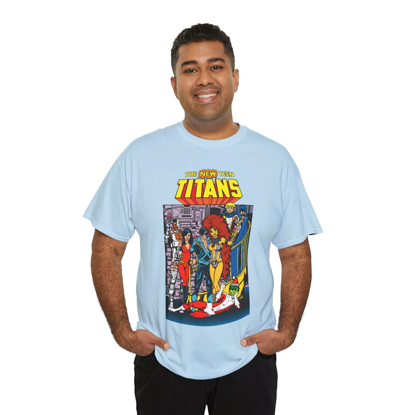 New Teen Titans T-Shirt - George Perez Art - Nightwing, Cyborg, Raven, Starfire, Wonder Girl, Changeling, Jericho - Titans Tower - DC Comics