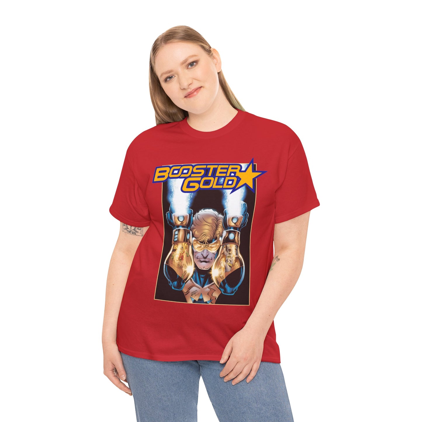 Booster Gold T-Shirt - Dan Jurgens Art - Batman & Robin in His Gauntlets - DC Comics