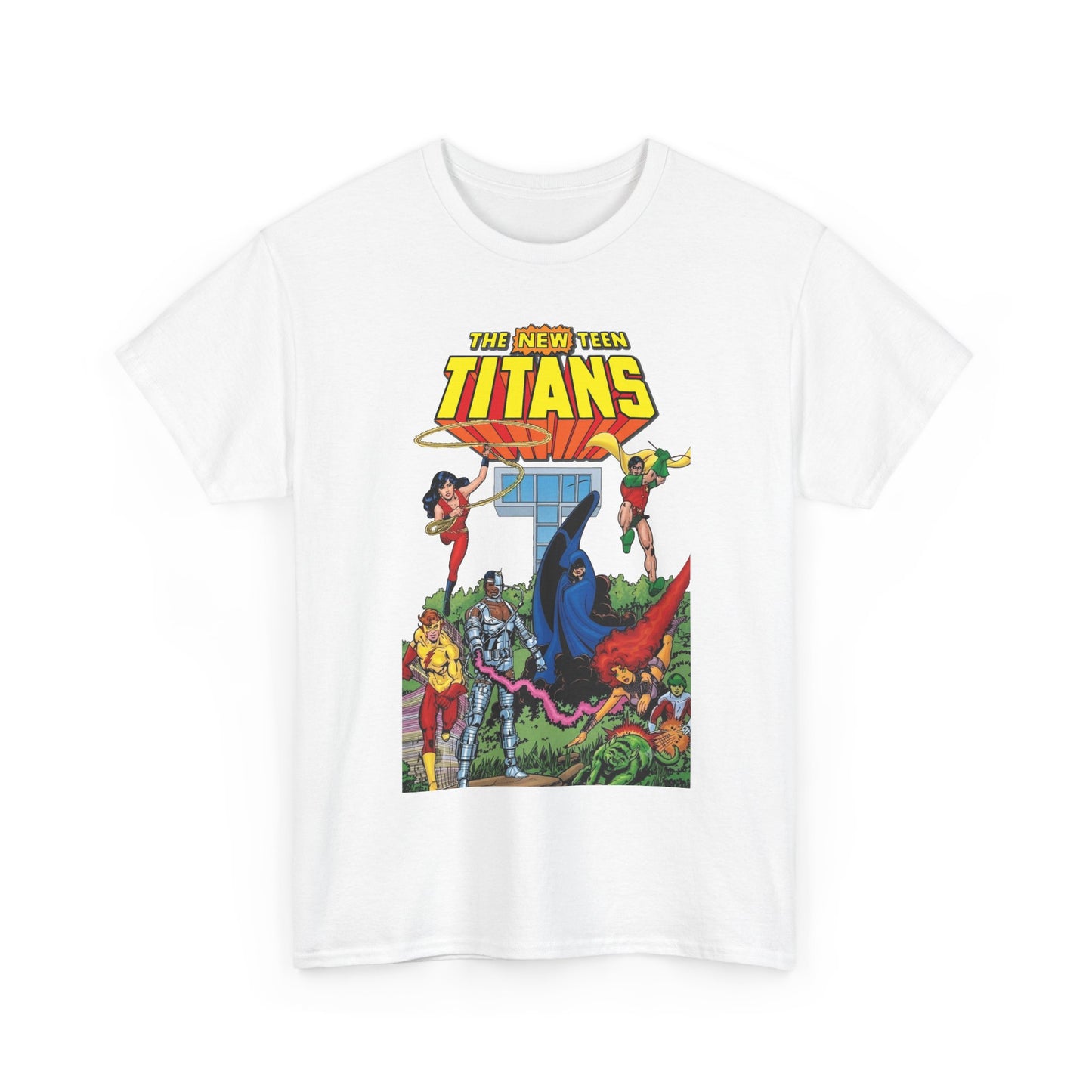 New Teen Titans T-Shirt - George Perez Art - Robin, Wonder Girl, Cyborg, Raven, Changeling, Starfire, Kid Flash - Titans Tower - DC Comics