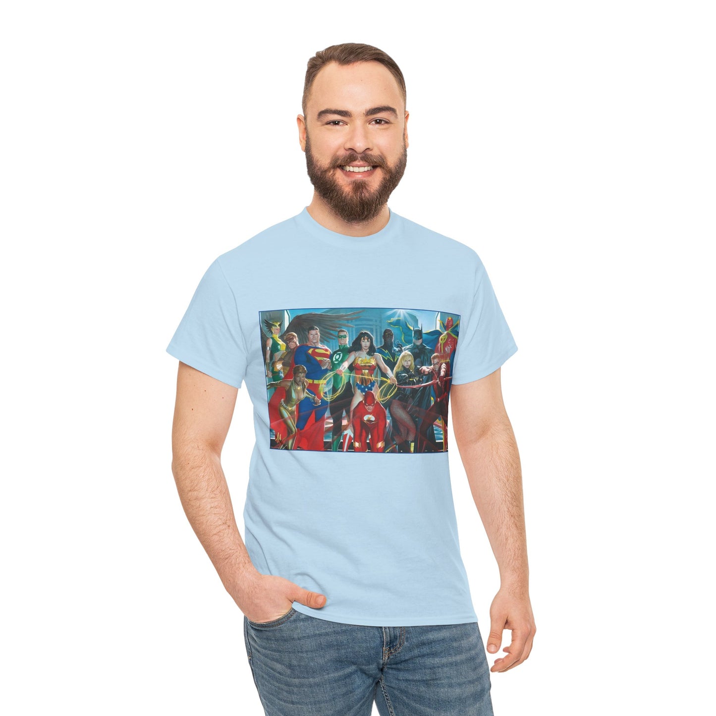 Justice League T-Shirt - Alex Ross Art - Superman, Wonder Woman, Batman, Flash, Black Canary, Vixen, Black Lightning, Green Lantern, Geo-Force, Red Tornado - DC Comics