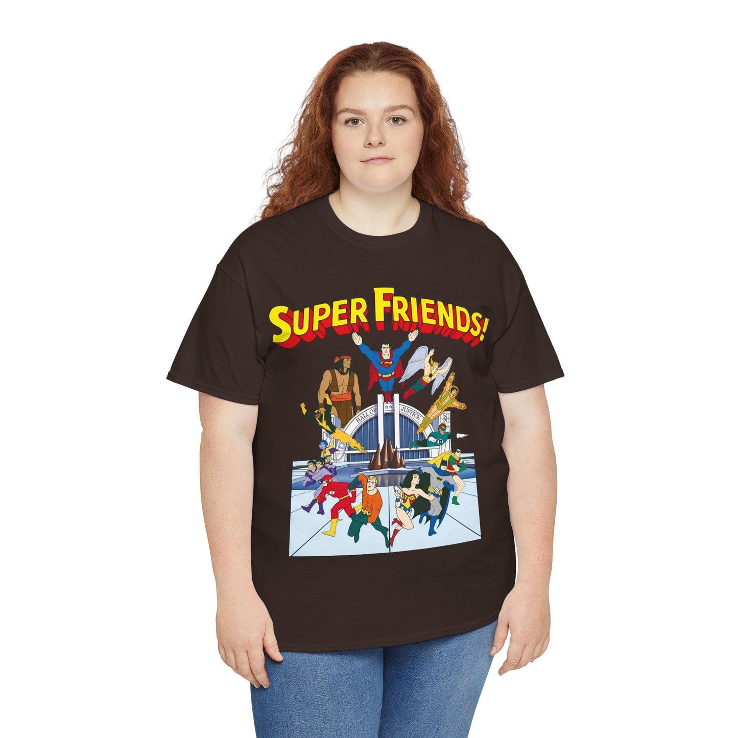 Super Friends T-Shirt - DC Hanna-Barbera - Superman, Wonder Woman, Black Vulcan, Batman, The Wonder Twins, Apache Chief, Hall of Justice