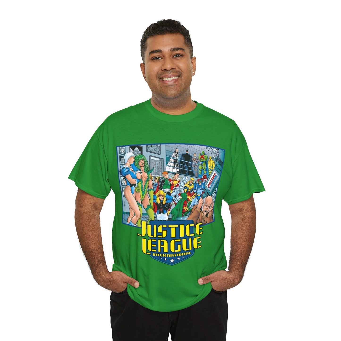 Justice League International T-Shirt - Kevin Maguire Art - Blue Beetle, Booster Gold, Martian Manhunter, Captain Atom, Batman, Fire, Ice - DC Comics - JLI