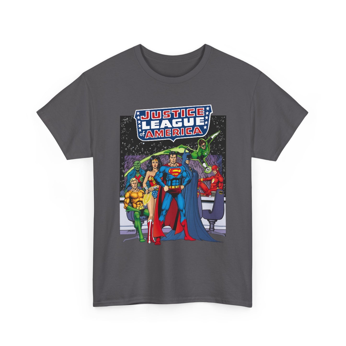 Justice League T-Shirt - George Perez Art - JLA Satellite Era - Superman, Wonder Woman, Green Lantern, Batman, Flash, Aquaman, Martian Manhunter - DC Comics