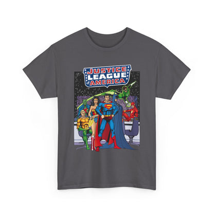 Justice League T-Shirt - George Perez Art - JLA Satellite Era - Superman, Wonder Woman, Green Lantern, Batman, Flash, Aquaman, Martian Manhunter - DC Comics