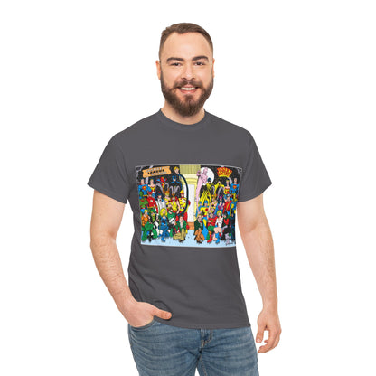 JLA & JSA T-Shirt - George Perez Art - Justice League, Society Team-up - Batman, Wildcat, Dr Fate, Hourman, Firestorm, Superman