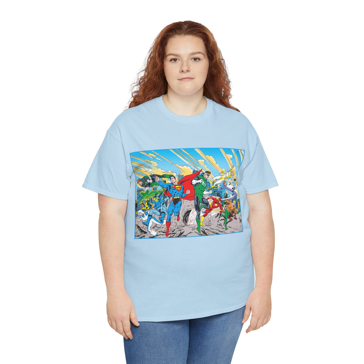 Justice League America/Europe T-Shirt - Dan Jurgens Art - Superman, Blue Beetle, Booster Gold, Green Lantern, Aquaman, Power Girl, Guy Gardner, Flash - DC Comics