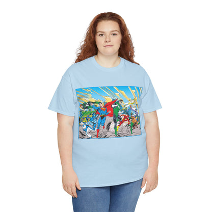 Justice League America/Europe T-Shirt - Dan Jurgens Art - Superman, Blue Beetle, Booster Gold, Green Lantern, Aquaman, Power Girl, Guy Gardner, Flash - DC Comics