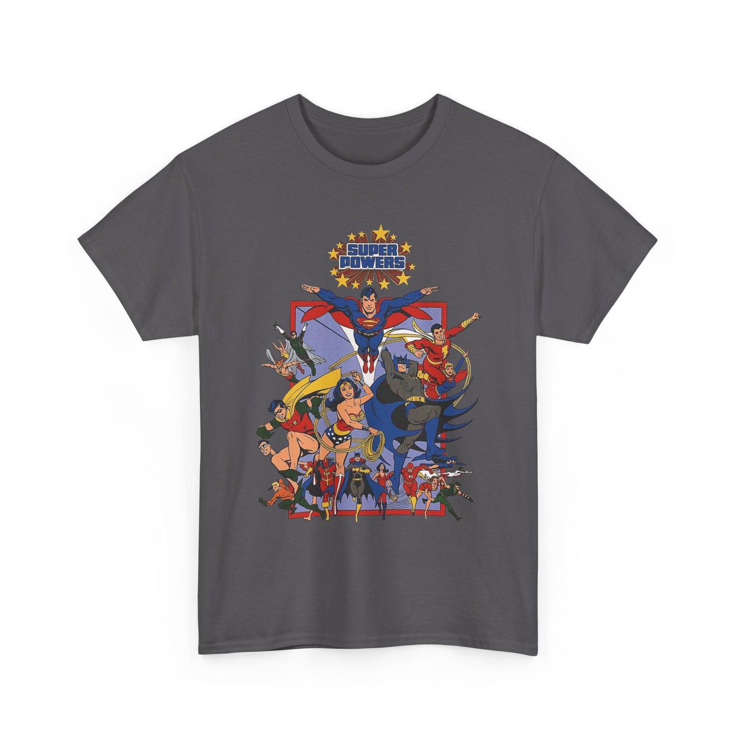 Super Powers T-Shirt - Superman, Flash, Wonder Woman, Batman, Batgirl, Robin, Plastic Man, Aquaman, Hawkman, Supergirl - 1980s Kenner Toy Line - Retro DC Comics