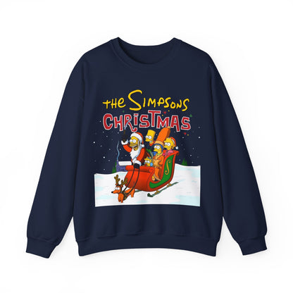 Simpsons Family Christmas Crewneck Sweatshirt - Homer, Marge, Bart, Lisa, Maggie - Riding a Christmas Sleigh Through the Winter Snow