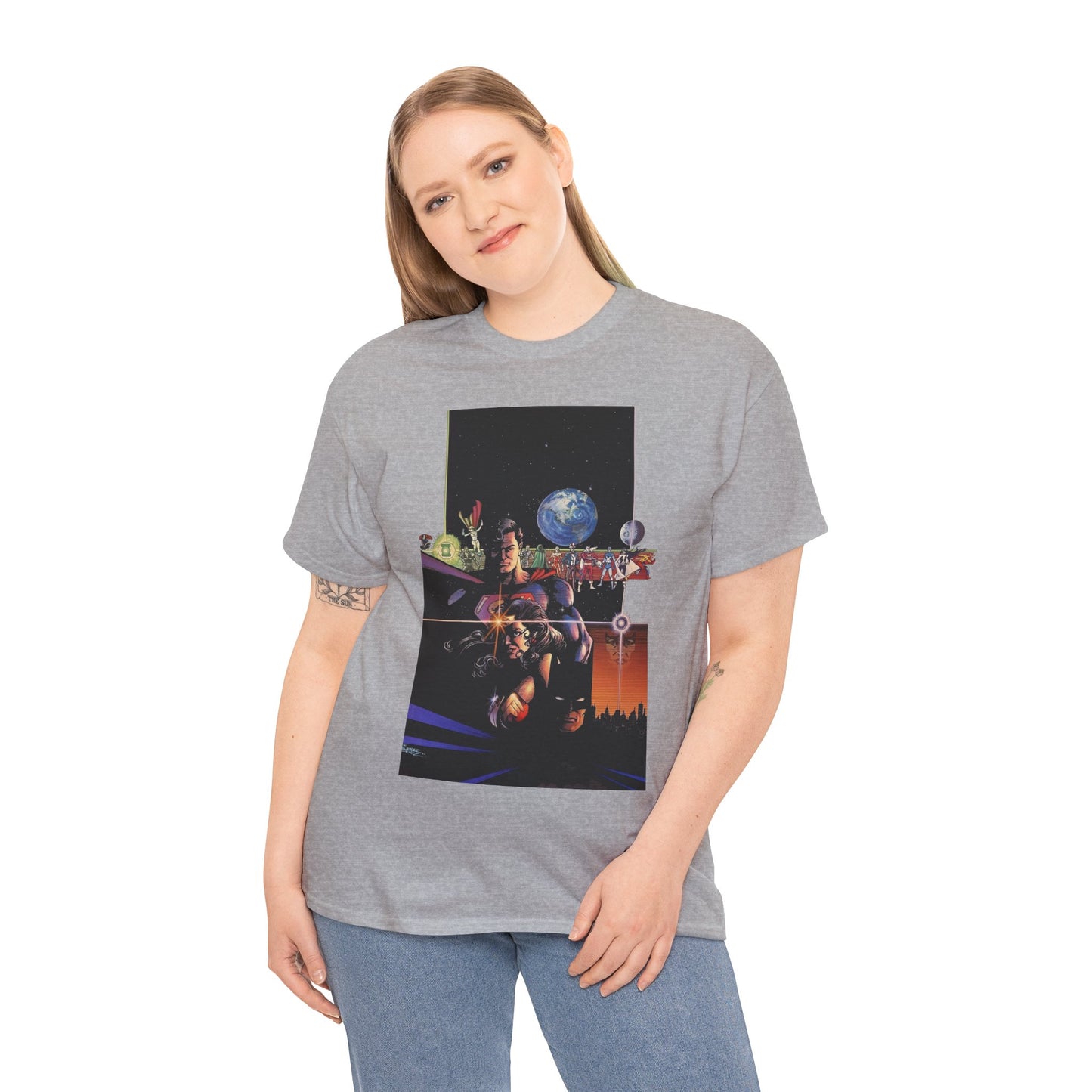 Crisis on Infinite Earths T-Shirt - George Perez Art - Superman, Batman, Wonder Woman, Captain Marvel, Blue Beetle, Kid Flash - Retro 1980s - DC Comics