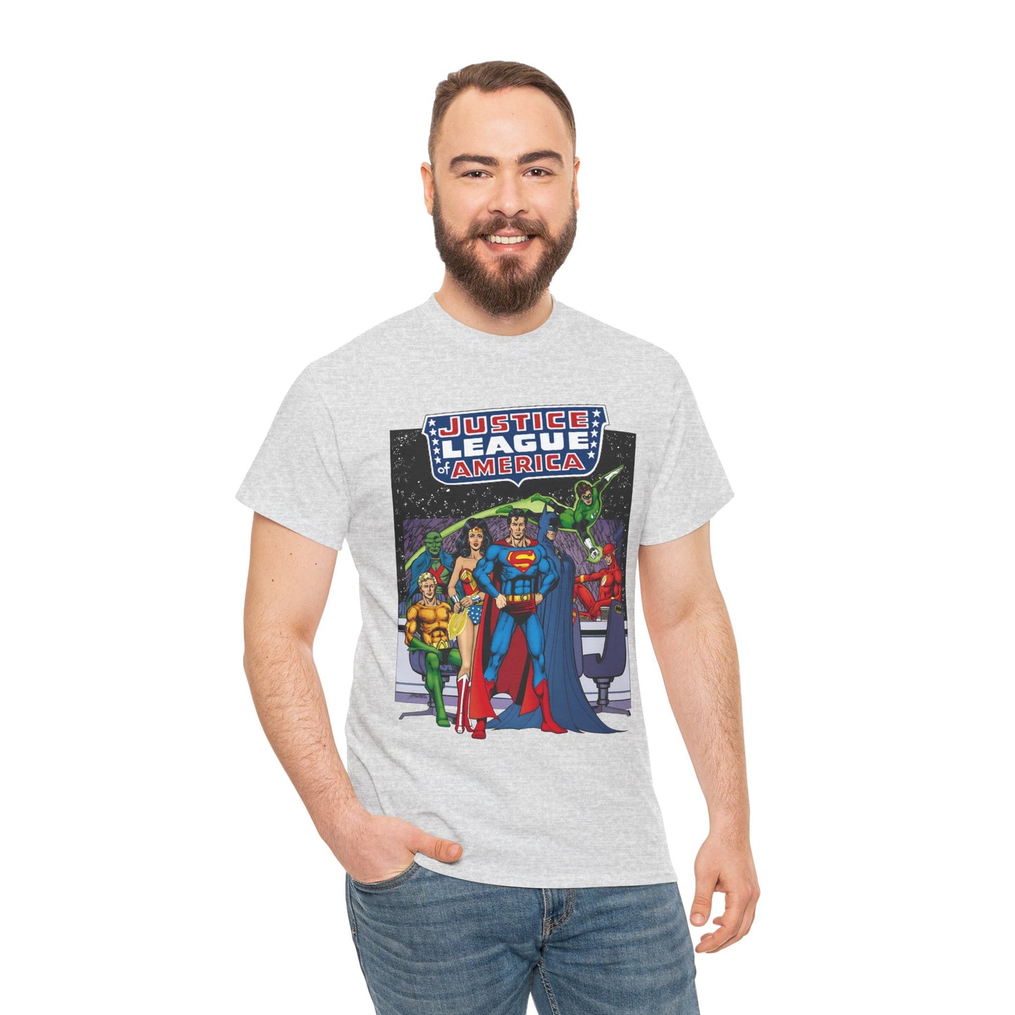 Justice League T-Shirt - George Perez Art - JLA Satellite Era - Superman, Wonder Woman, Green Lantern, Batman, Flash, Aquaman, Martian Manhunter - DC Comics