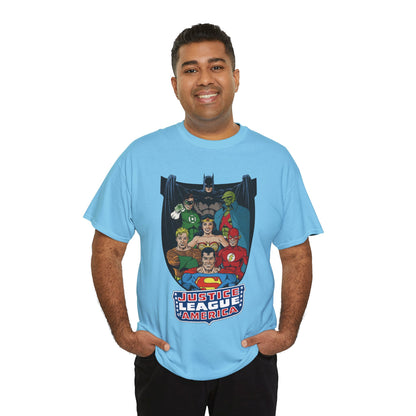 Justice League of America T-Shirt - George Perez Art - Superman, Wonder Woman, Batman, Aquaman, Martian Manhunter, Flash, Green Lantern - DC Comics
