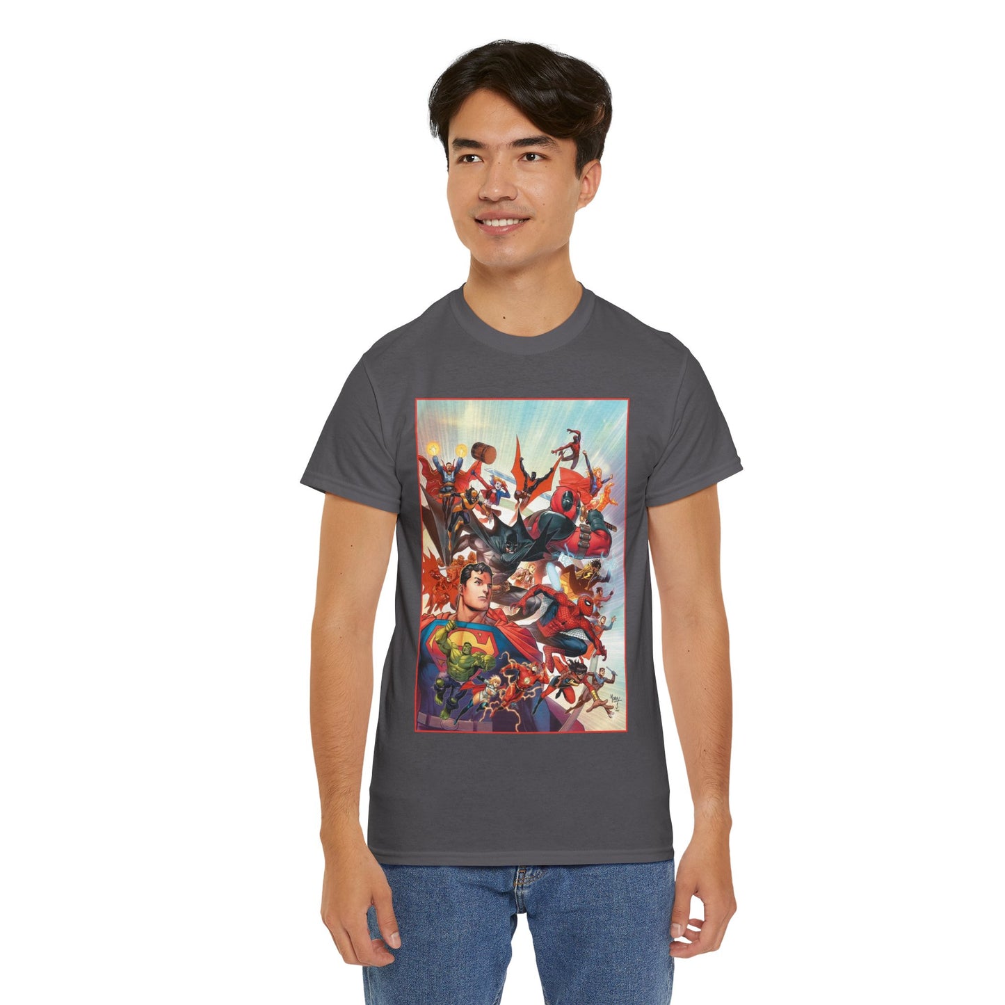 DC/Marvel T-Shirt - The Cosmic Kiss Caper & Other Stories Cover Art - Superman, Deadpool, Spider-Man, Harley Quinn, Batman Beyond, Static, Dr. Strange - DC Comics/Marvel