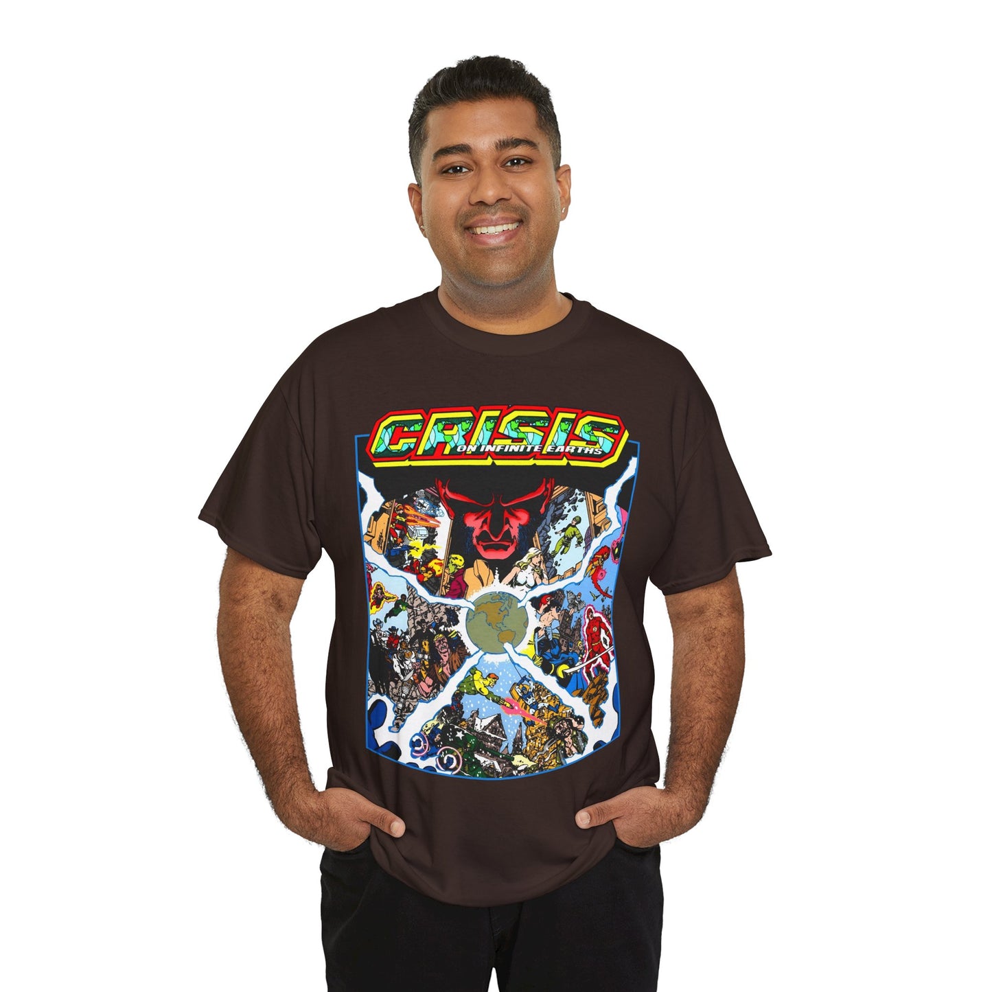 Crisis on Infinite Earths T-Shirt - George Perez Art - #3 Cover - Monitor, Flash, Starfire, Brainiac 5, Dream Girl - DC Comics