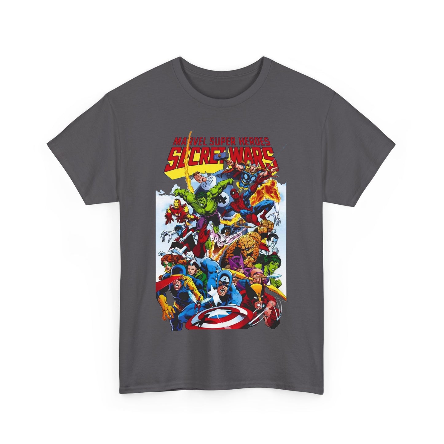 Secret Wars T-Shirt - Spider-man, Wolverine, Iron Man, Captain America, Cyclops, Rogue, Hulk, Mr Fantastic, The Thing - Classic Marvel Comics 1980s Series - The Beyonder