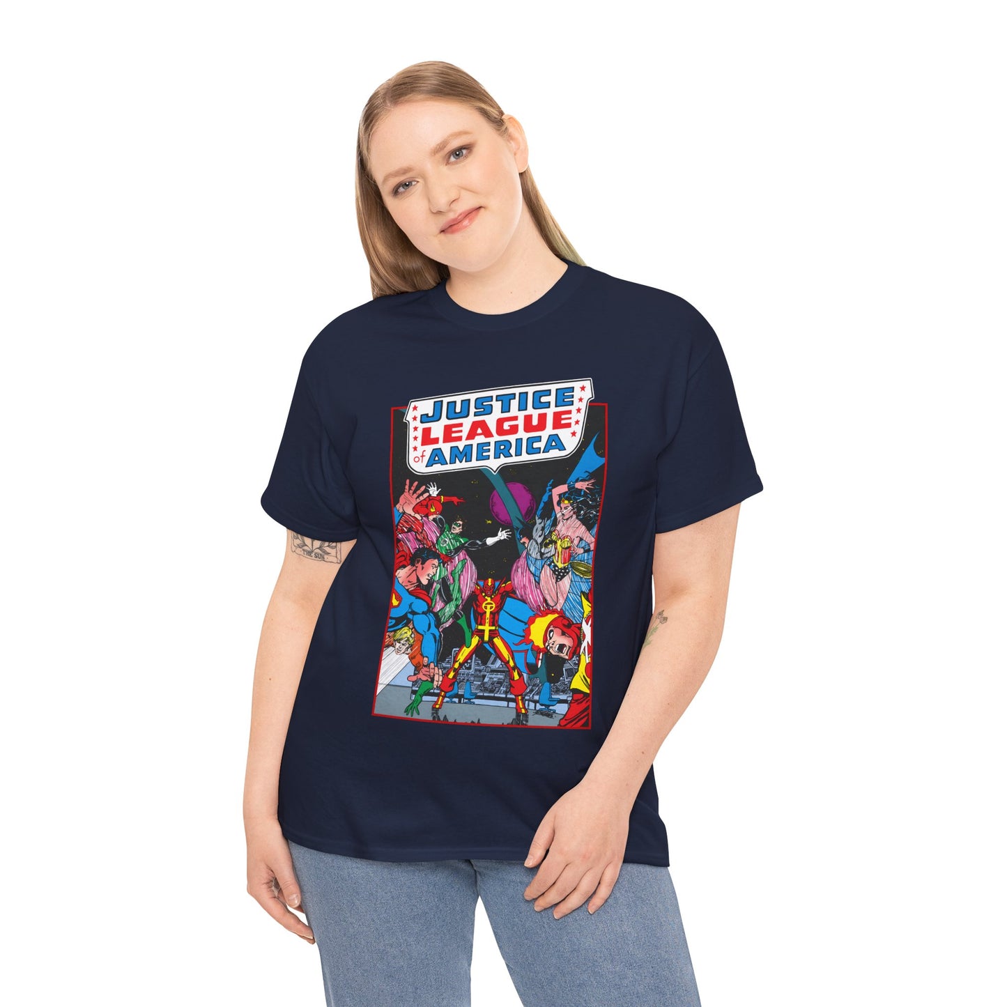 Justice League of America T-Shirt - George Perez Art - 1980s Satellite Era - Superman, Wonder Woman, Firestorm, Green Lantern, Batman - DC Comics