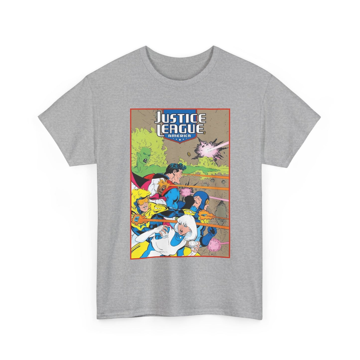 Justice League of America T-Shirt - Dan Jurgens Art - Superman, Fire, Ice, Blue Beetle, Booster Gold, Bloodwynde - DC Comics