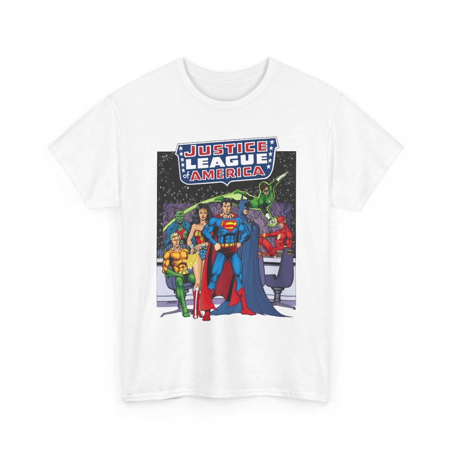 Justice League T-Shirt - George Perez Art - JLA Satellite Era - Superman, Wonder Woman, Green Lantern, Batman, Flash, Aquaman, Martian Manhunter - DC Comics