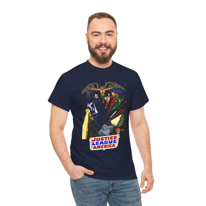 Justice League of America T-Shirt - George Perez Art - Bronze Age Satellite Era - DC Comics - Hawkman, Zatanna, Atom, Firestorm, Elongated Man, Green Arrow