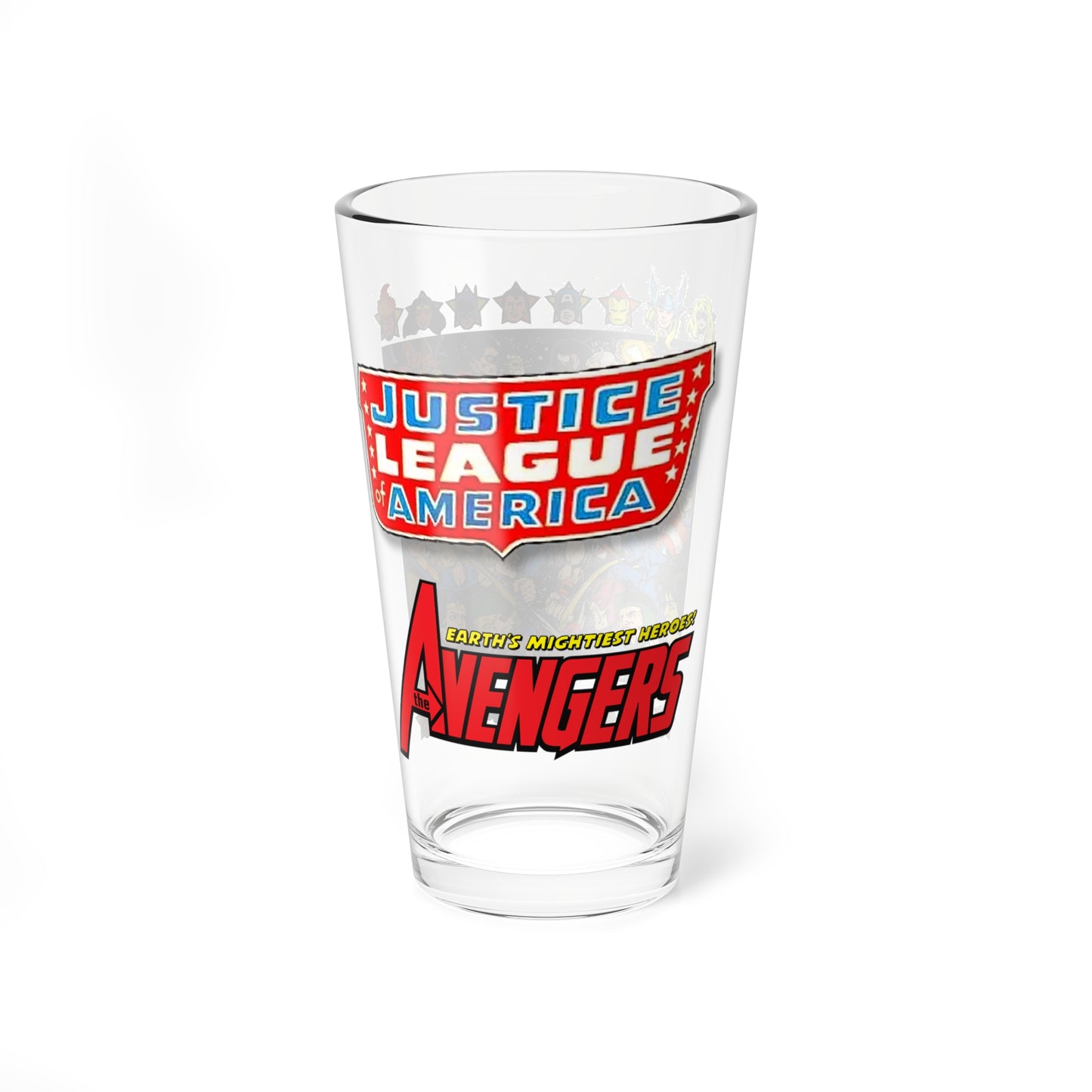 Justice League Vs Avengers Pint Glass, 16oz - George Perez Art - Superman, Iron Man, Thor, Captain America, Wonder Woman, Scarlet Witch, Green Lantern - DC & Marvel Comics