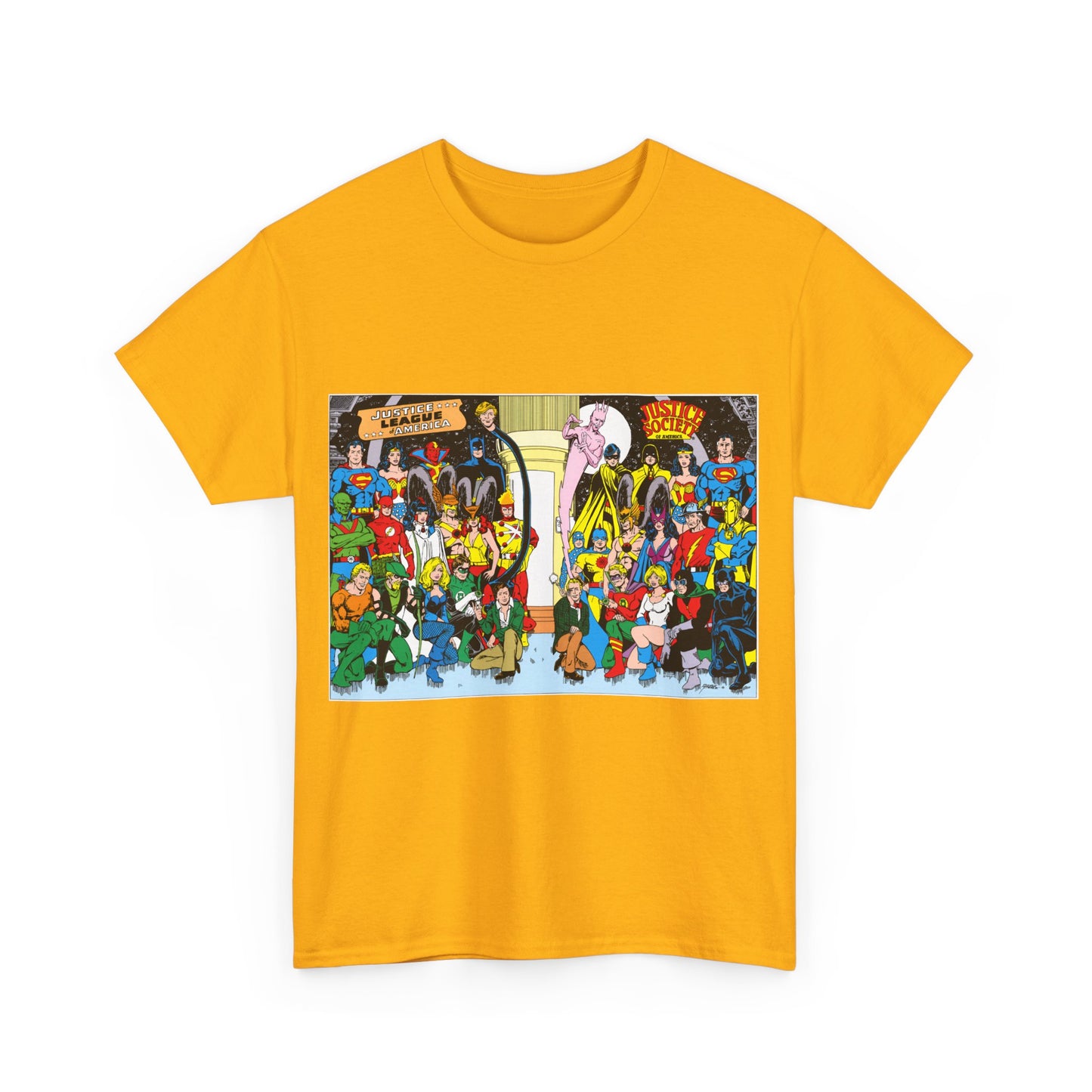 JLA & JSA T-Shirt - George Perez Art - Justice League, Society Team-up - Batman, Wildcat, Dr Fate, Hourman, Firestorm, Superman