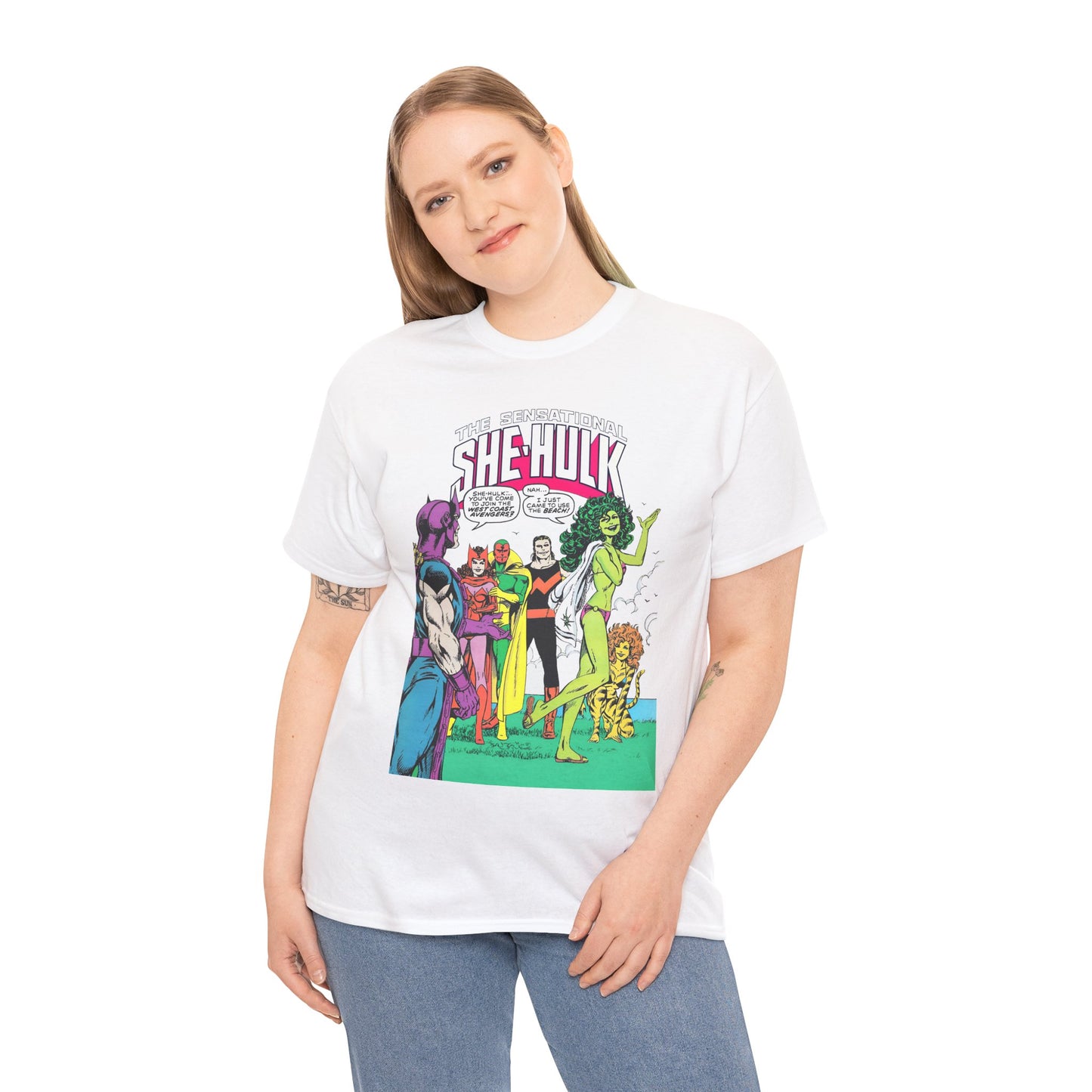 She-Hulk T-Shirt - John Byrne Art - West Coast Avengers Appearance - Hawkeye, Scarlet Witch, Wonder Man, Vision, Tigra - Marvel Comics