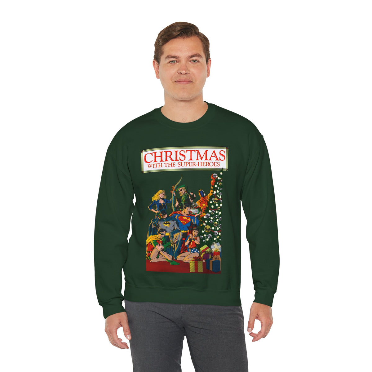 Christmas With the DC Super-Heroes Heavy Blend Crewneck Sweatshirt - Superman, Batman, Green Arrow, Black Canary - Festive Holiday Shirt