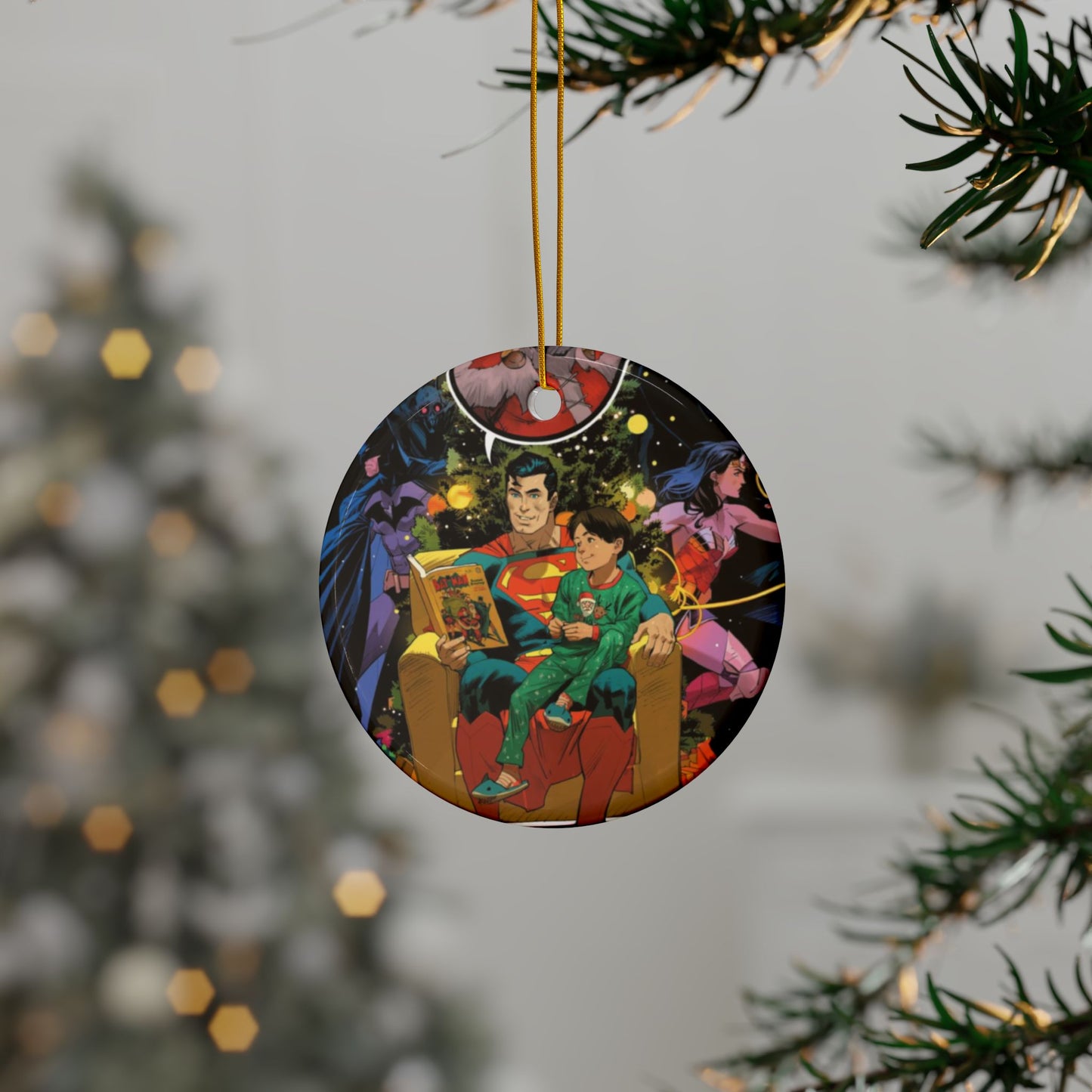 Superman in Santa's Chair Ceramic Ornaments, 2-Side Print, (3pcs, 5pcs, 10pcs) - Batman, Wonder Woman - Christmas Comic Book Art