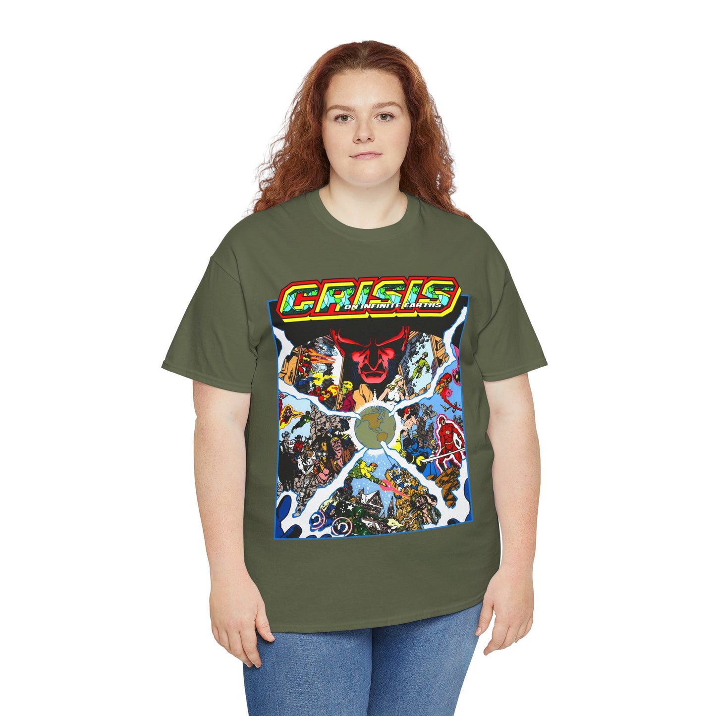 Crisis on Infinite Earths T-Shirt - George Perez Art - #3 Cover - Monitor, Flash, Starfire, Brainiac 5, Dream Girl - DC Comics