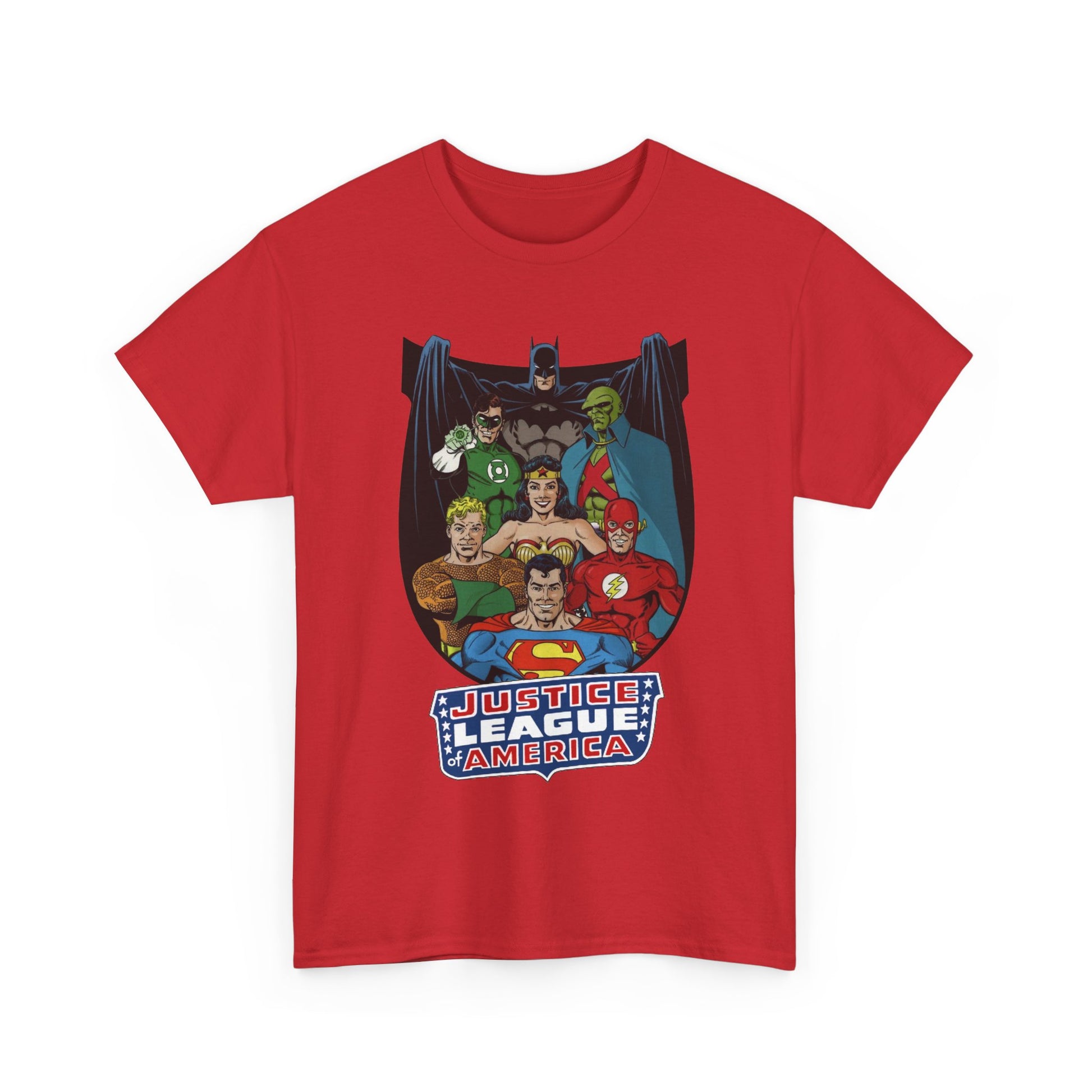 Red t-shirt with Justice League graphic on a white background