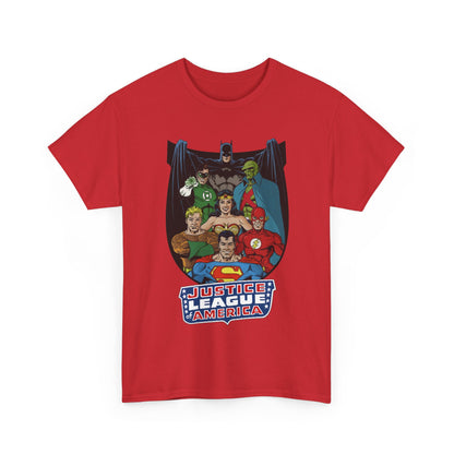 Red t-shirt with Justice League graphic on a white background