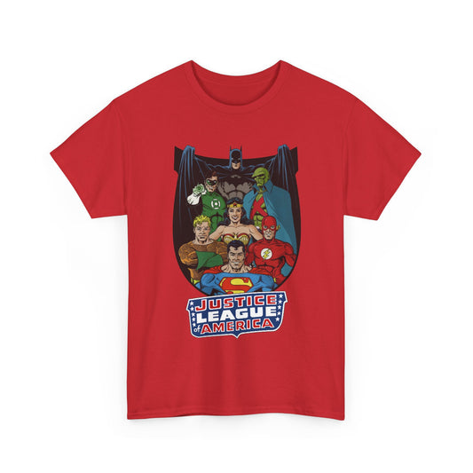 Red t-shirt with Justice League graphic on a white background