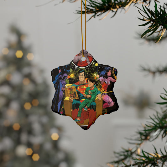 Decorative Christmas ornament with Superman and other superhero characters on a tree.