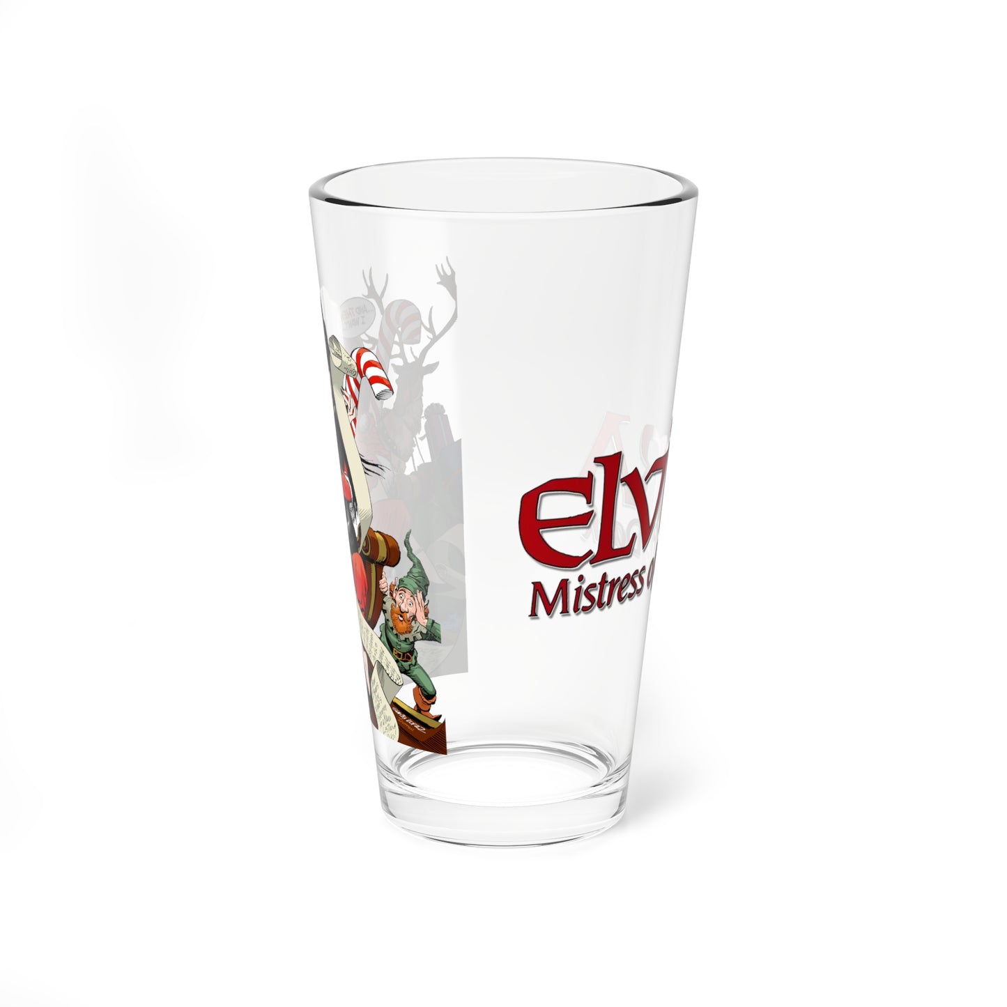 Elvira Pint Glass, 16oz - Mistress of the Dark - DC Comics Holiday Special Art - Sitting on Santa Claus' Lap
