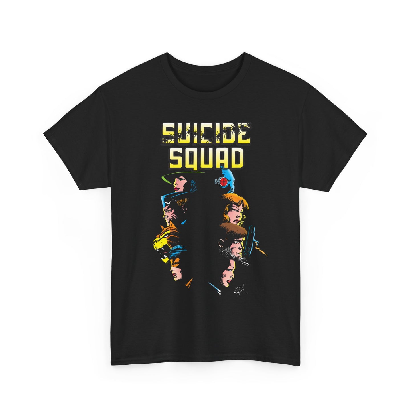 Black t-shirt with 'Suicide Squad' graphic design on a white background