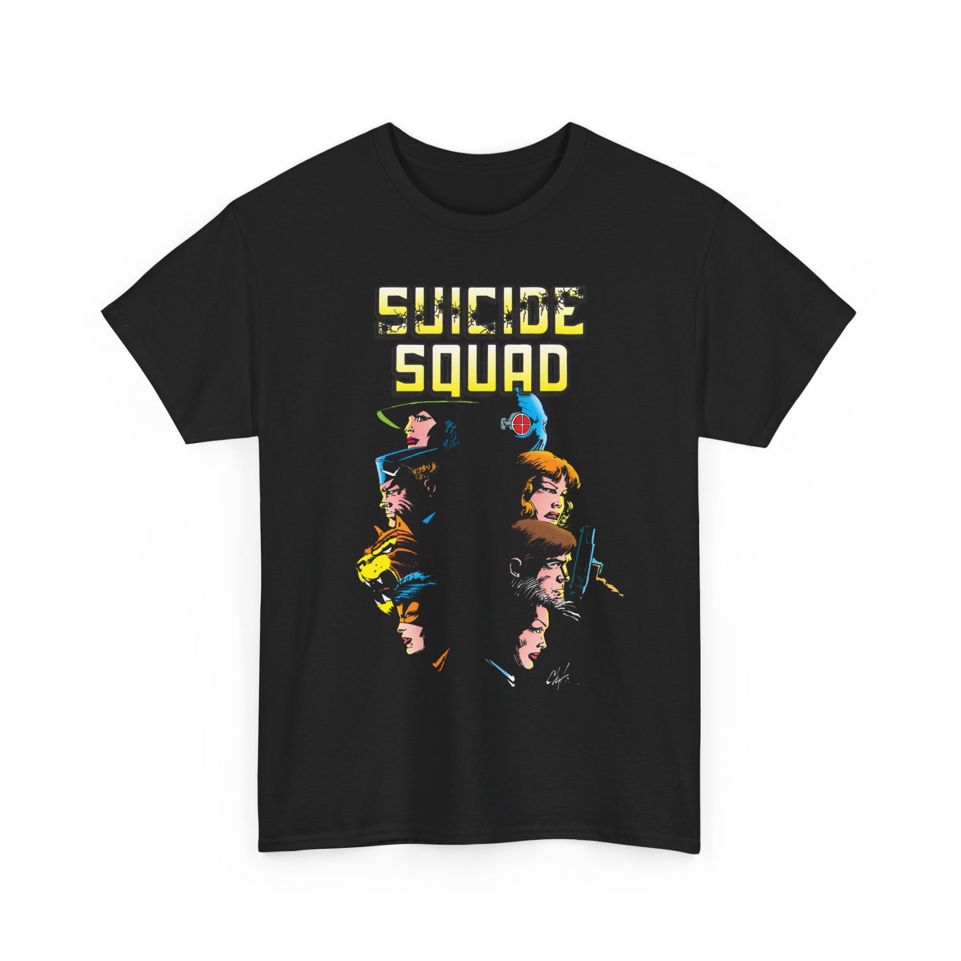 Black t-shirt with 'Suicide Squad' graphic design on a white background