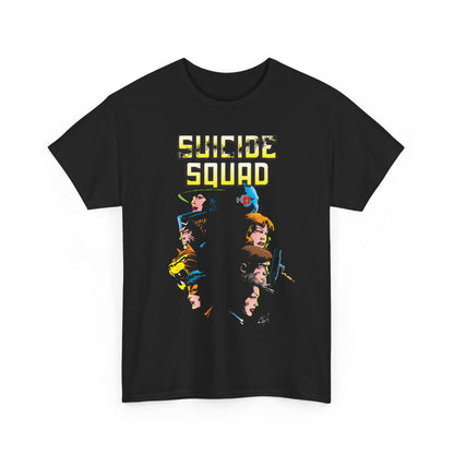 Black t-shirt with 'Suicide Squad' graphic design on a white background