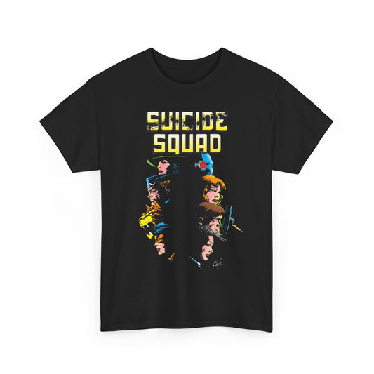 Black t-shirt with 'Suicide Squad' graphic design on a white background