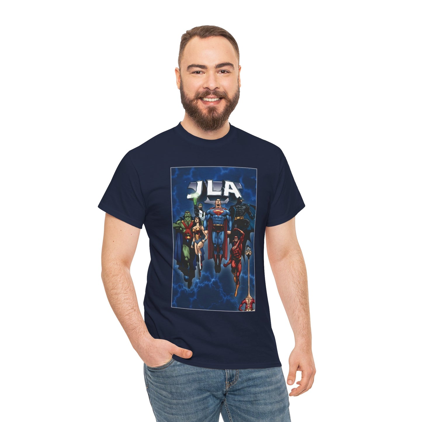 JLA T-Shirt - Doug Mahnke Art - Superman, Batman, Wonder Woman, Aquaman, Green Lantern, Flash, Martian Manhunter - DC Comics