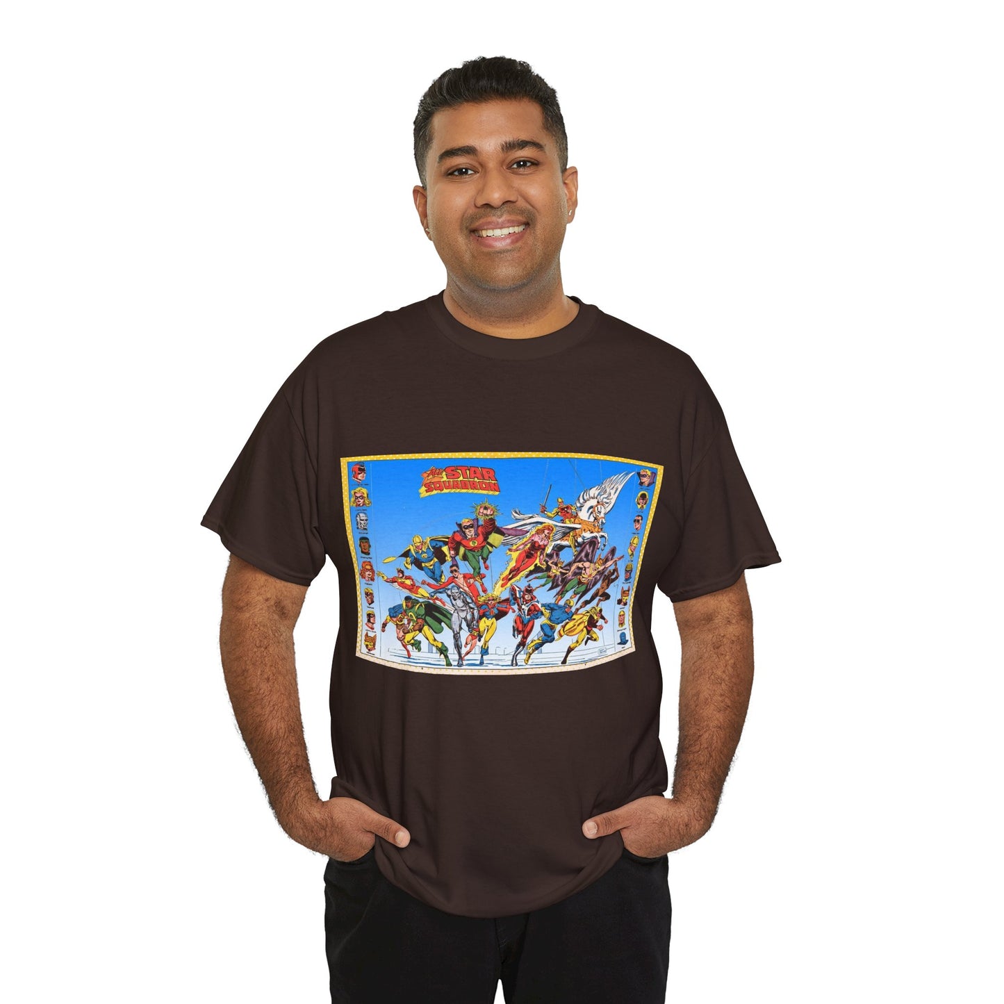 All-Star Squadron T-Shirt - Jerry Ordway Art - JSA Connection - Firebrand, Robotman, Amazing Man, Shining Knight, Tarantula, Dr Fate - Retro 1980s Series - DC Comics