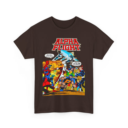 Alpha Flight T-Shirt - John Byrne Art - Sasquatch, Aurora, Northstar, Guardian, Puck, Shaman, Snowbird - Canada's Super Team - Marvel Comics