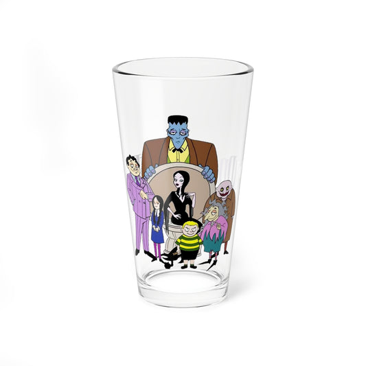 The Addams Family Pint Glass, 16oz - Hanna-Barbera Saturday Morning Cartoon 1970s - Morticia, Gomez, Pugsley, Wednesday, Lurch, Uncle Fester