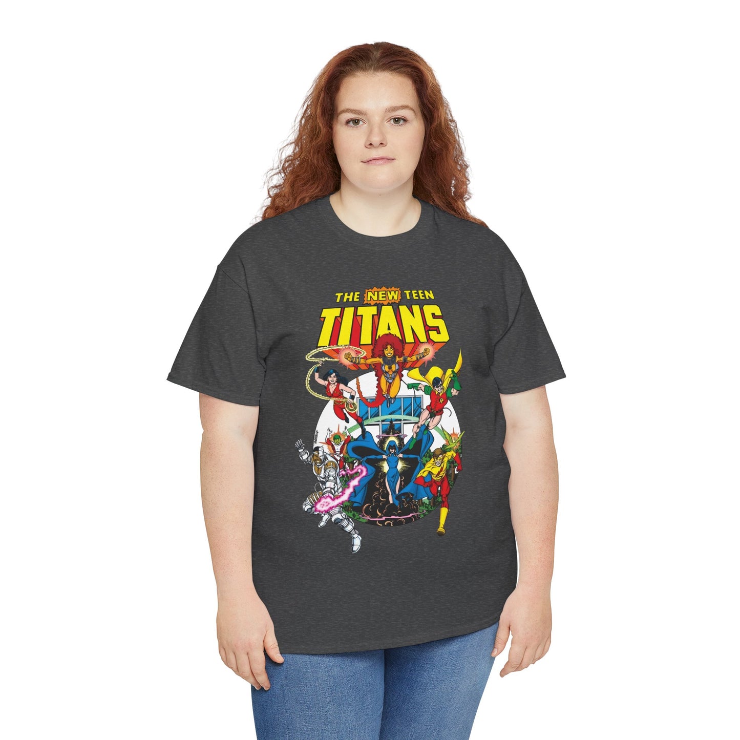 New Teen Titans T-Shirt - Classic George Perez Art - Cyborg, Raven, Starfire, Robin, Wonder Girl, Changeling, Kid Flash - Titans Tower - Popular DC Comics 1980s Series