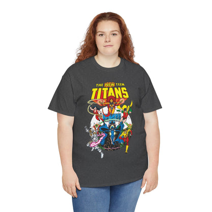 New Teen Titans T-Shirt - Classic George Perez Art - Cyborg, Raven, Starfire, Robin, Wonder Girl, Changeling, Kid Flash - Titans Tower - Popular DC Comics 1980s Series