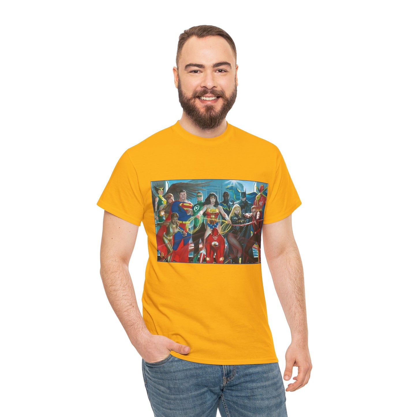 Justice League T-Shirt - Alex Ross Art - Superman, Wonder Woman, Batman, Flash, Black Canary, Vixen, Black Lightning, Green Lantern, Geo-Force, Red Tornado - DC Comics